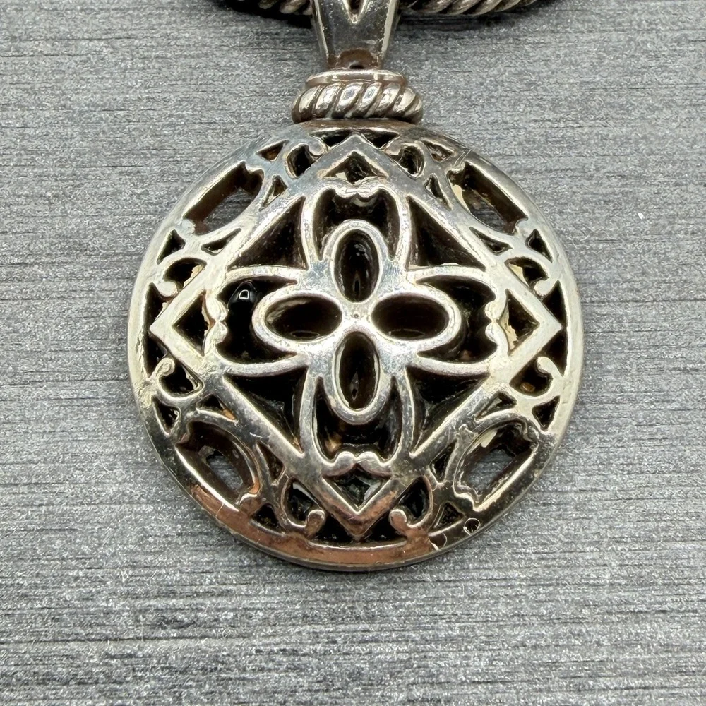 Silver Tone Openwork Floral Medallion Pendant Rope Chain Boho Statement Necklace